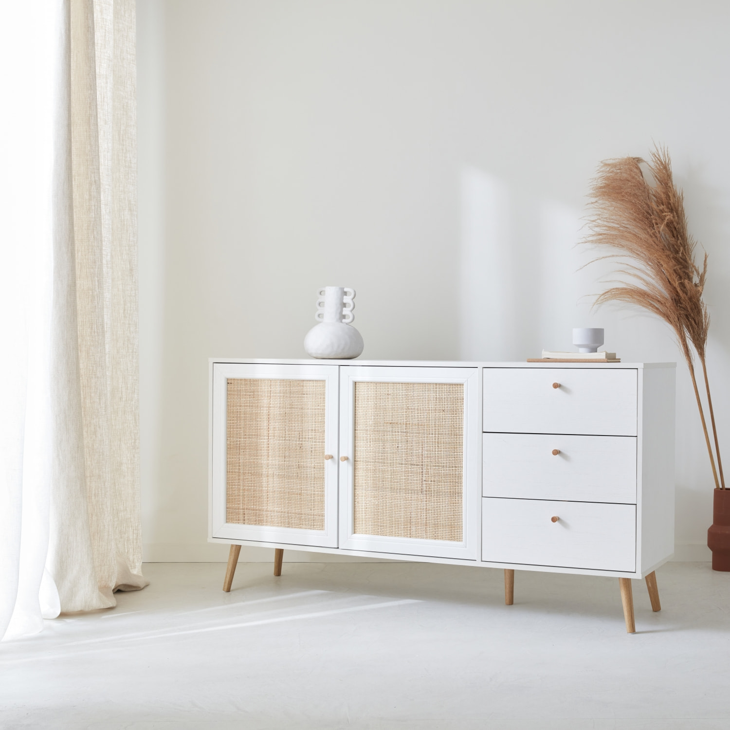 Buffet scandinave décor bois et cannage 2 portes 150cm BOHÈME