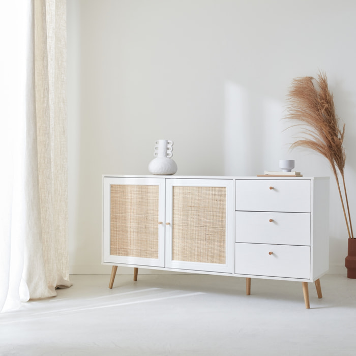 Buffet scandinave décor bois et cannage 2 portes 150cm BOHÈME