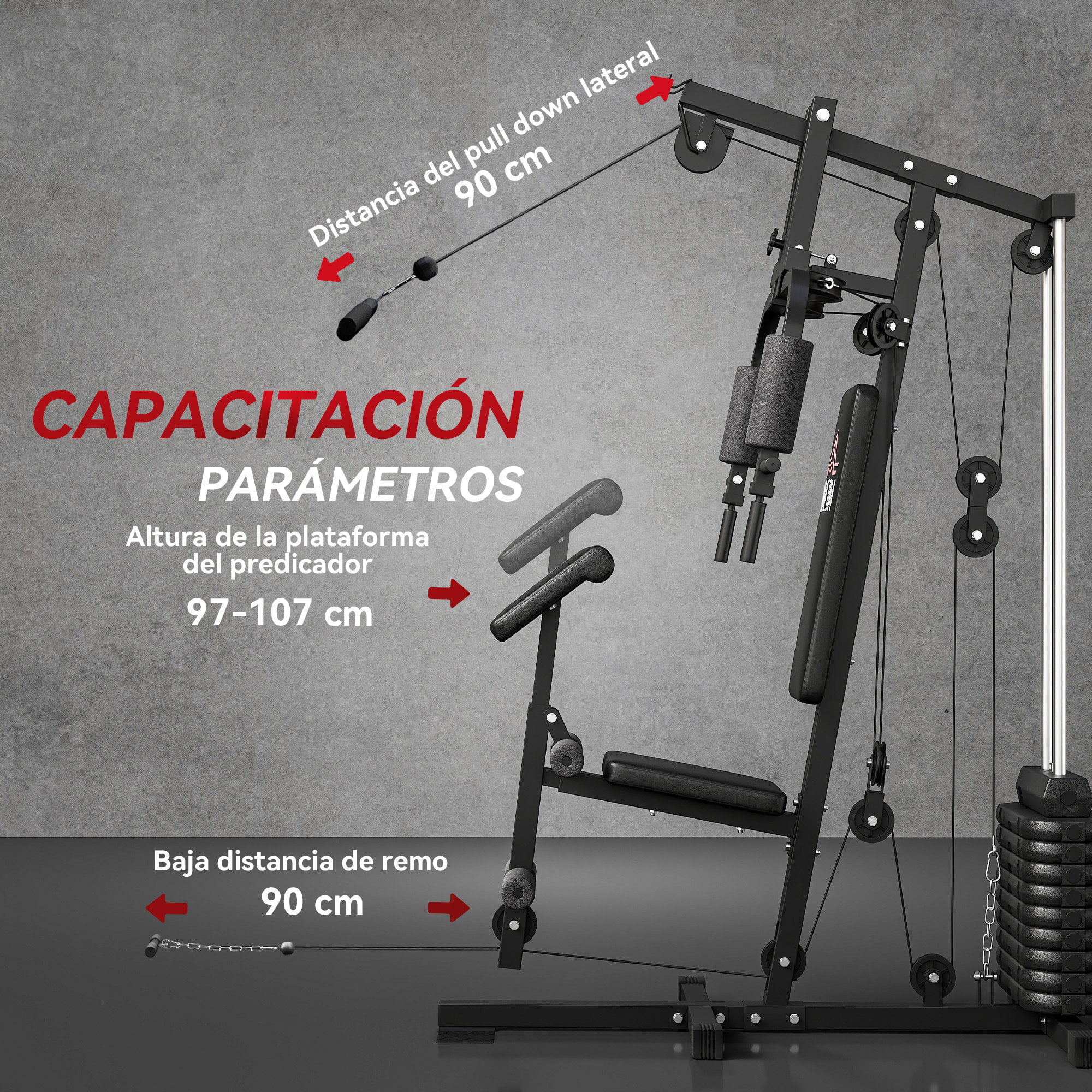 Multiestación Musculación, Máquina de Musculación con Prensa de Pecho, Placas de Peso de 45 kg, Curl de Piernas y Brazos, Polea Mariposa, Carga 100 kg, para Entrenamiento Casa Gimnasio, Negro