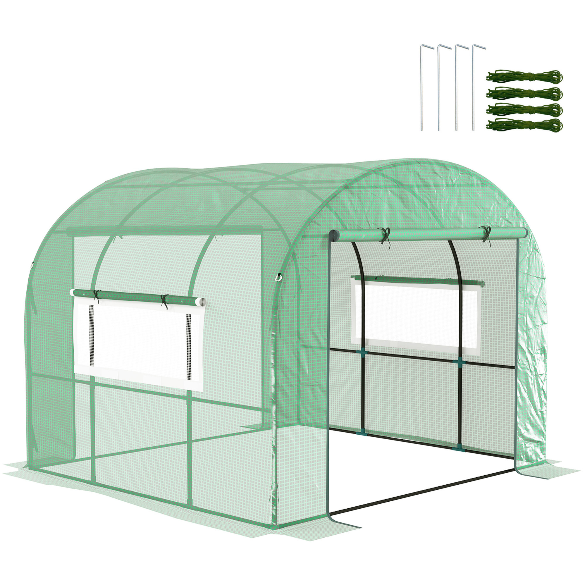 Serre tunnel 6 m² 2 portes zippées 2 fenêtres maillées acier PE haute densité 135 g/m² vert
