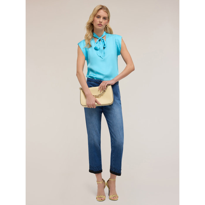 Motivi - Blusa satin con fiocco - Azzurro