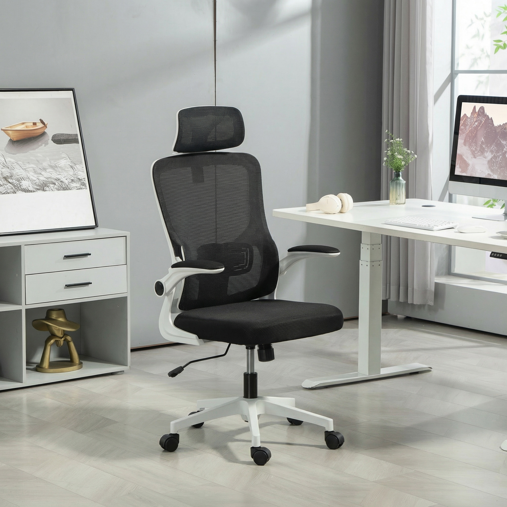 Fauteuil de bureau ergonomique réglable - fonction bascule, support lombaires, tétière ajustable - blanc noir