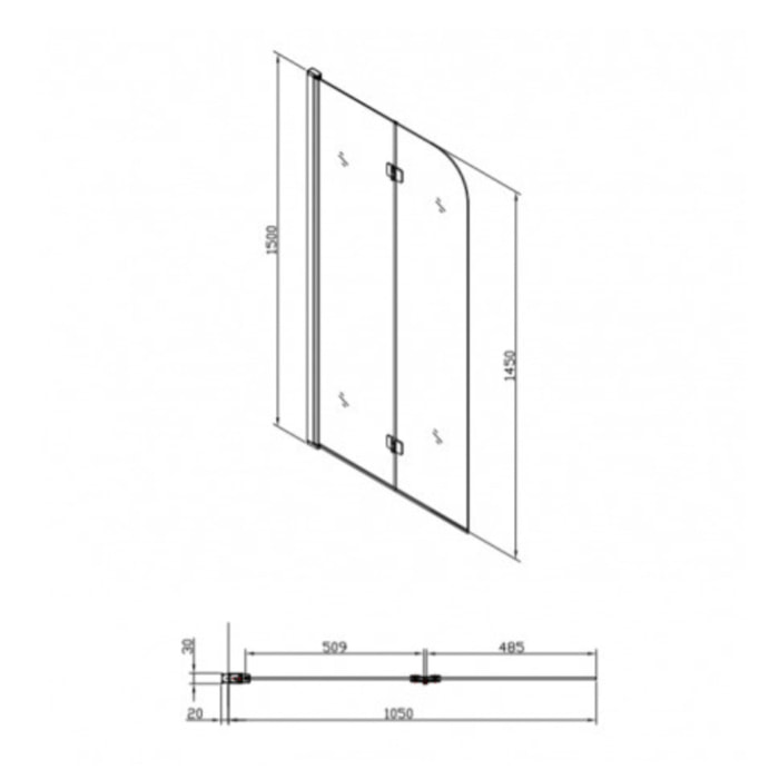 Pare-baignoire pliable, 2 parties, en verre, 150x105cm, Noir (SATVZSK105C)