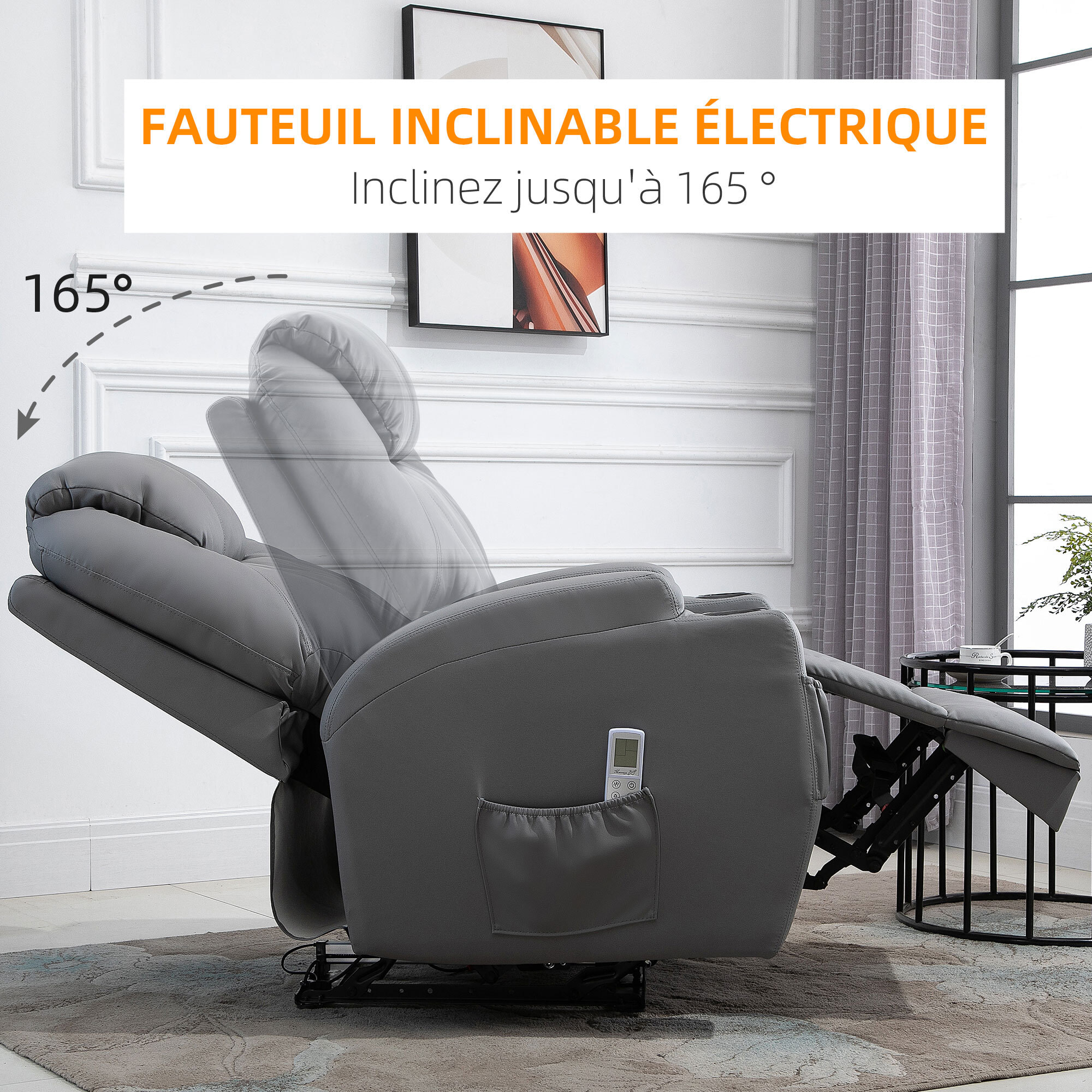Fauteuil luxe de relaxation et massage inclinaison dossier repose-pied électrique revêtement synthétique gris