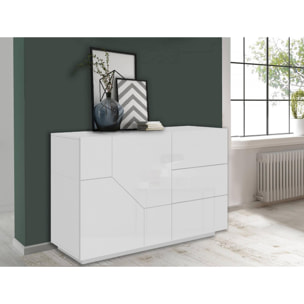 Credenza moderna a 2 ante geometriche e 3 cassetti, Made in Italy, Madia da cucina, Buffet di design da soggiorno, Cm 141x43h86, Bianco lucido