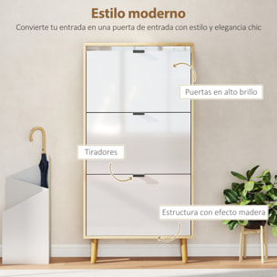 Zapatero Estrecho con 3 Puertas en Blanco Brillo, Zapatero Entrada Recibidor con Estantes Ajustables Patas de Madera, para 18 Pares de Zapatos, 60x24x127 cm Blanco