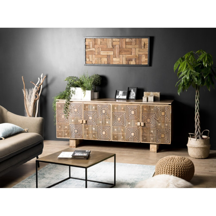 INDRA - Buffet bois Manguier 177x45cm 4 portes 2 étagères motifs noirs Goa