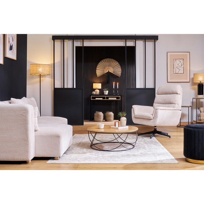 Fauteuil pivotant en tissu chenille beige et métal noir JONAH