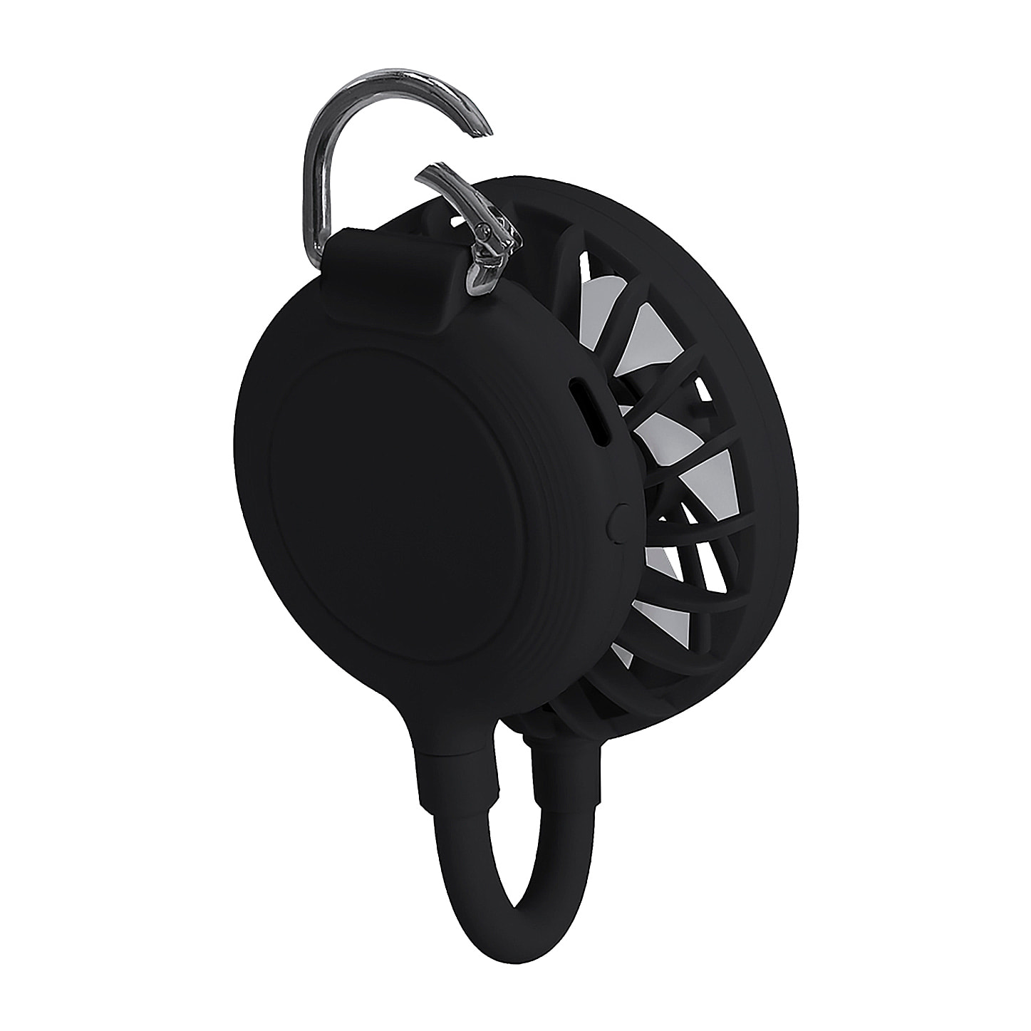 Ventilatore multiposizione con rotazione di 360°, supporto regolabile e ventose per smartphone. Ha 3 velocità, con batteria ricaricabile da 300 mAh.