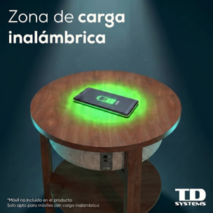 Mesa auxiliar altavoz portátil con sonido de 30W, Bluetooth, base de carga inalámbrica, batería de 2200mAh. Mesilla o mesita para dormitorio o sala de estar - TD Systems SM30B11WR8B [Madera roble]