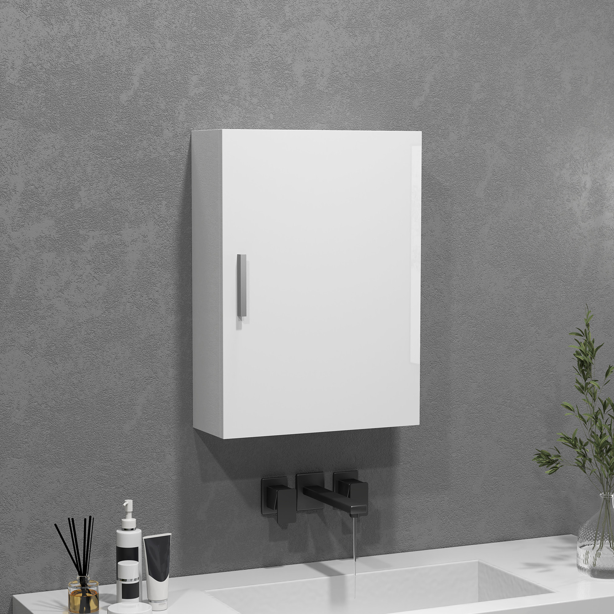Armario de Baño Pared, Mueble de Baño Colgar con Estantes Ajustables de Vidrio Templado, Ahorro de Espacio, para Entrada, 40x15x55 cm, Blanco Brillo