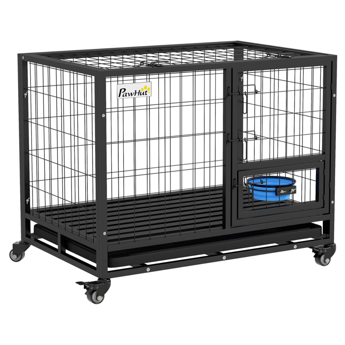 Jaula para Perros Jaula para Perros Grandes con Tapa Superior Abatible Soporte de Cuenco Bandeja Extraíble Ruedas y Puerta Doble Desmontable 92x62x73 cm Negro