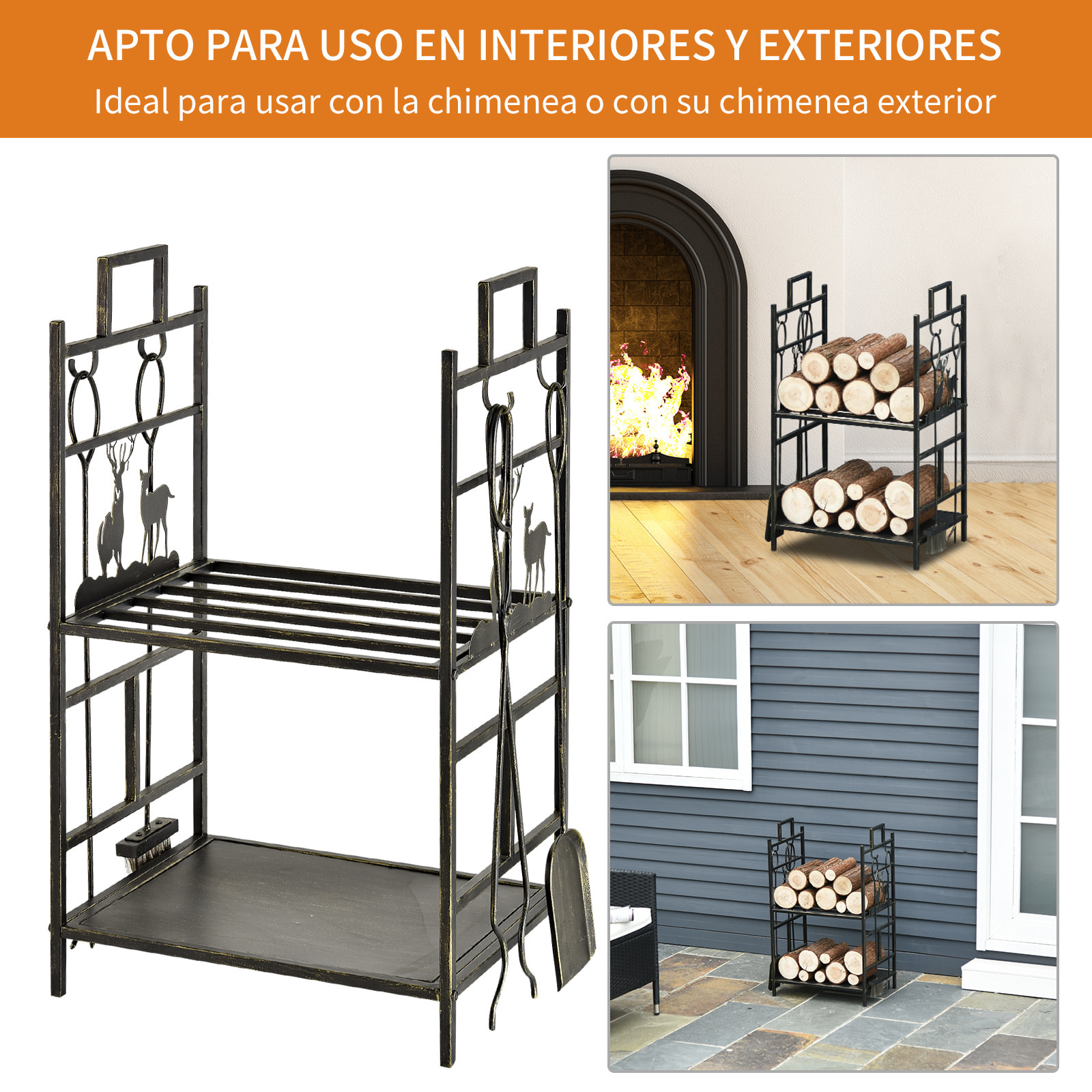 Soporte para Leña de Metal de 2 Niveles Estante para Leña con 4 Herramientas y Asas para Chimenea para Interior y Exterior 51,5x33x77 cm Negro Dorado