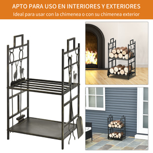 Soporte para Leña de Metal de 2 Niveles Estante para Leña con 4 Herramientas y Asas para Chimenea para Interior y Exterior 51,5x33x77 cm Negro Dorado