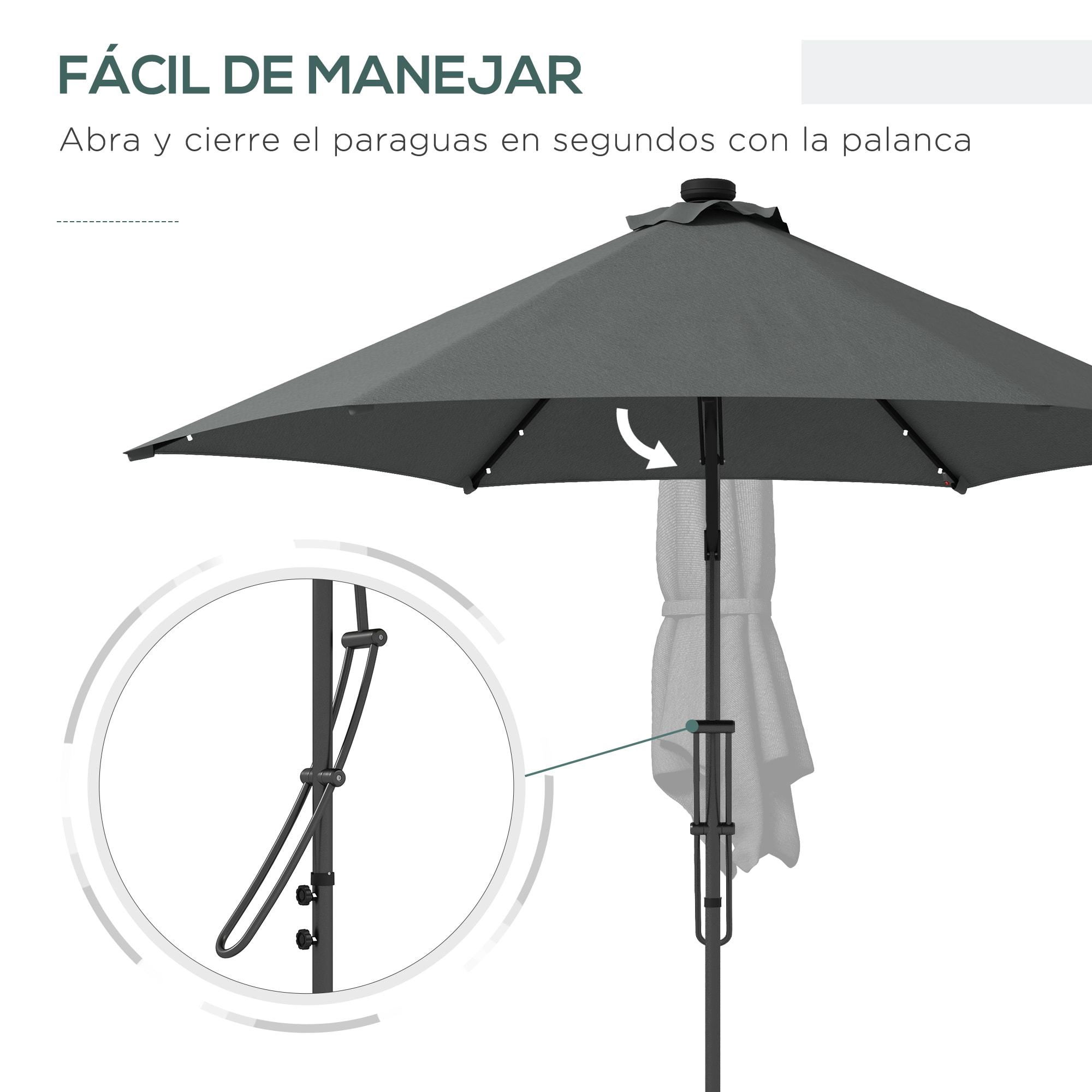 Sombrilla Voladiza de 3 m con Luces LED Sombrilla de Jardín con Manivela y Base Cruzada Parasol Excéntrico para Exterior Patio Terraza Gris Oscuro