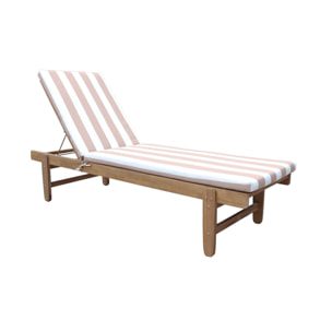 Set de 2 bains de soleil en Acacia – AREQUIPA – Transats avec coussins beige à rayures blanches et roulettes. multi positions