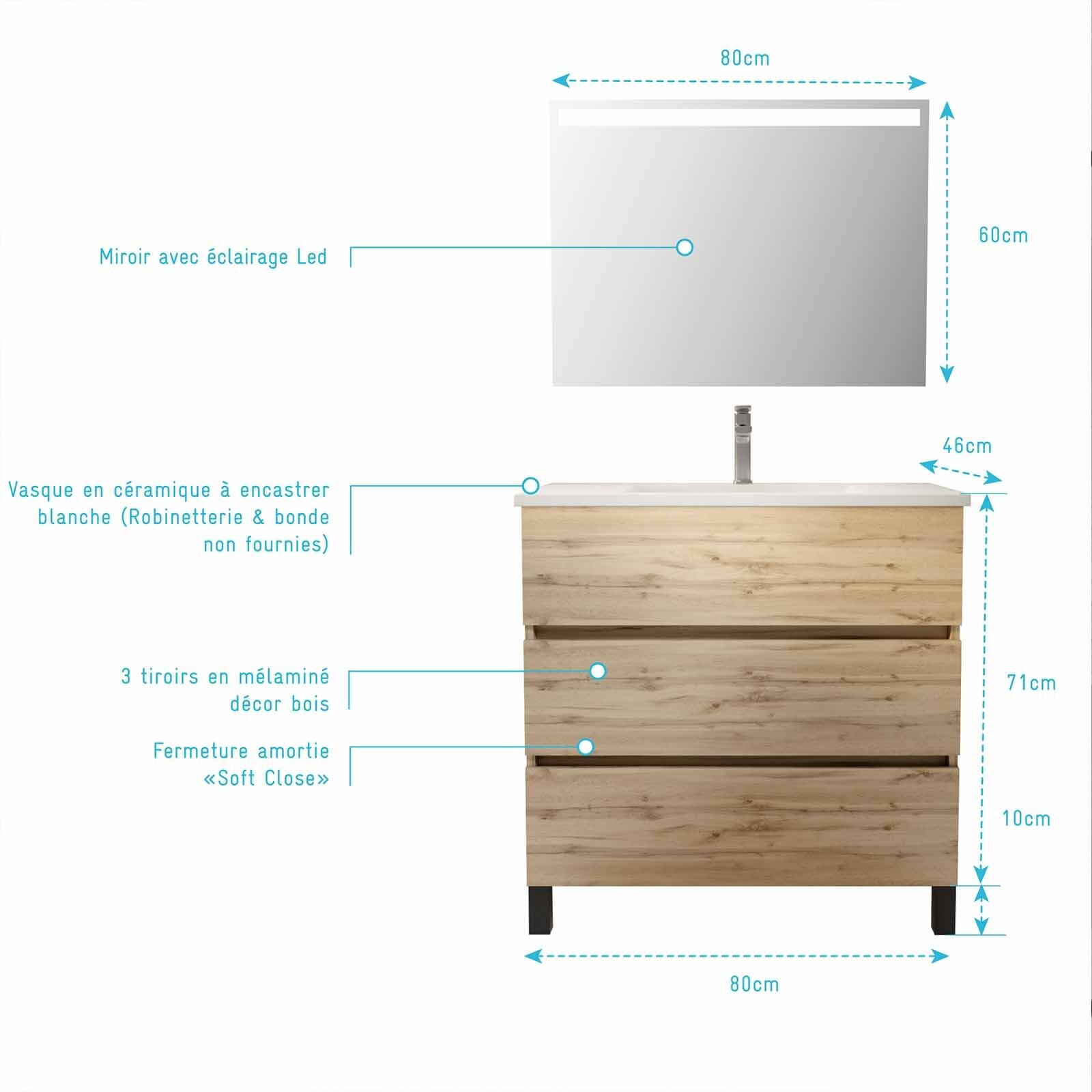Pack Meuble SDB 80cm sur pieds 3 tiroirs Chene_Vasque blanche + Miroir Led - TIMBER 80_Pack46
