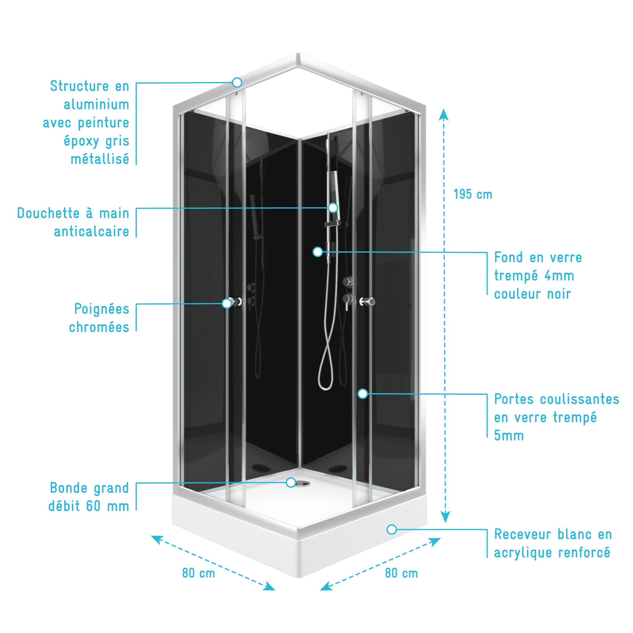 Cabine de douche carrée 80x80x195 - Portes coulissantes en verre trempé 5mm - SQUARY BLACK 2