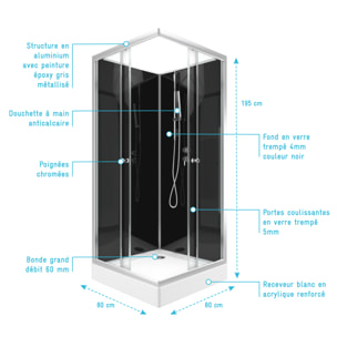 Cabine de douche carrée 80x80x195 - Portes coulissantes en verre trempé 5mm - SQUARY BLACK 2