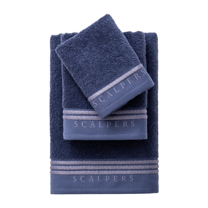 Set toallas baño (tocador 30x50cm + manos 50x90cm + baño 70x140cm) 450gsm en algodón azul con gris scalpers home