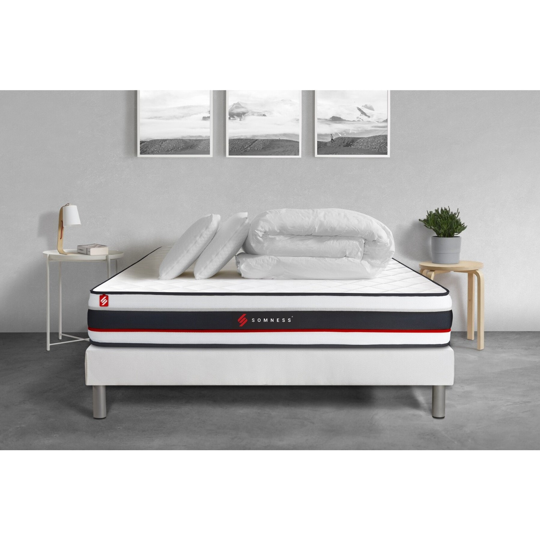 Pack prêt à dormir matelas FORM + sommier kit blanc + 2 oreillers mémoire de forme + Couette Percale