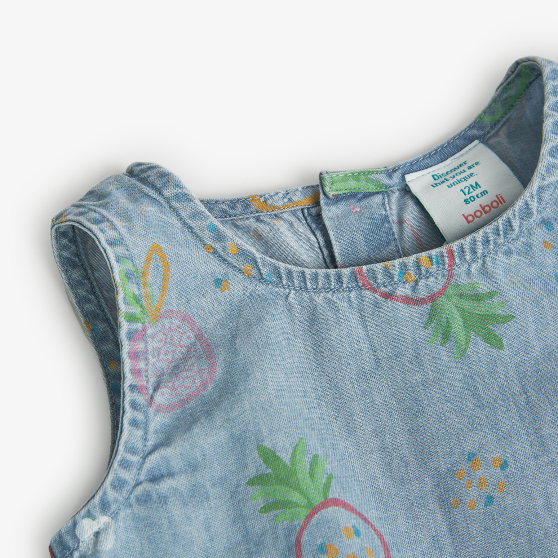 Top denim estampado niÃ±a, tirantes, cuello redondo, verde