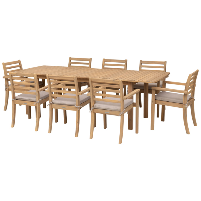 Salon de jardin extensible 180/240cm PADAR en acacia 8 places - coussins sable