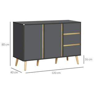 Buffet 2 portes 2 étagères 3 tiroirs design scandinave panneaux particules gris aspect bois clair