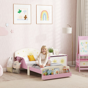 Cama infantil 70x140 cm de Madera con Almacenaje Cama para Niños de +3 Años con Protección Anticaída Cabecero en Dibujos de Estrellas Carga 40 kg para Dormitorio Rosa