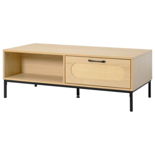 Nagato - table basse - cannage et effet bois - 1 tiroir et 1 niche - 110 cm - Bois / Noir