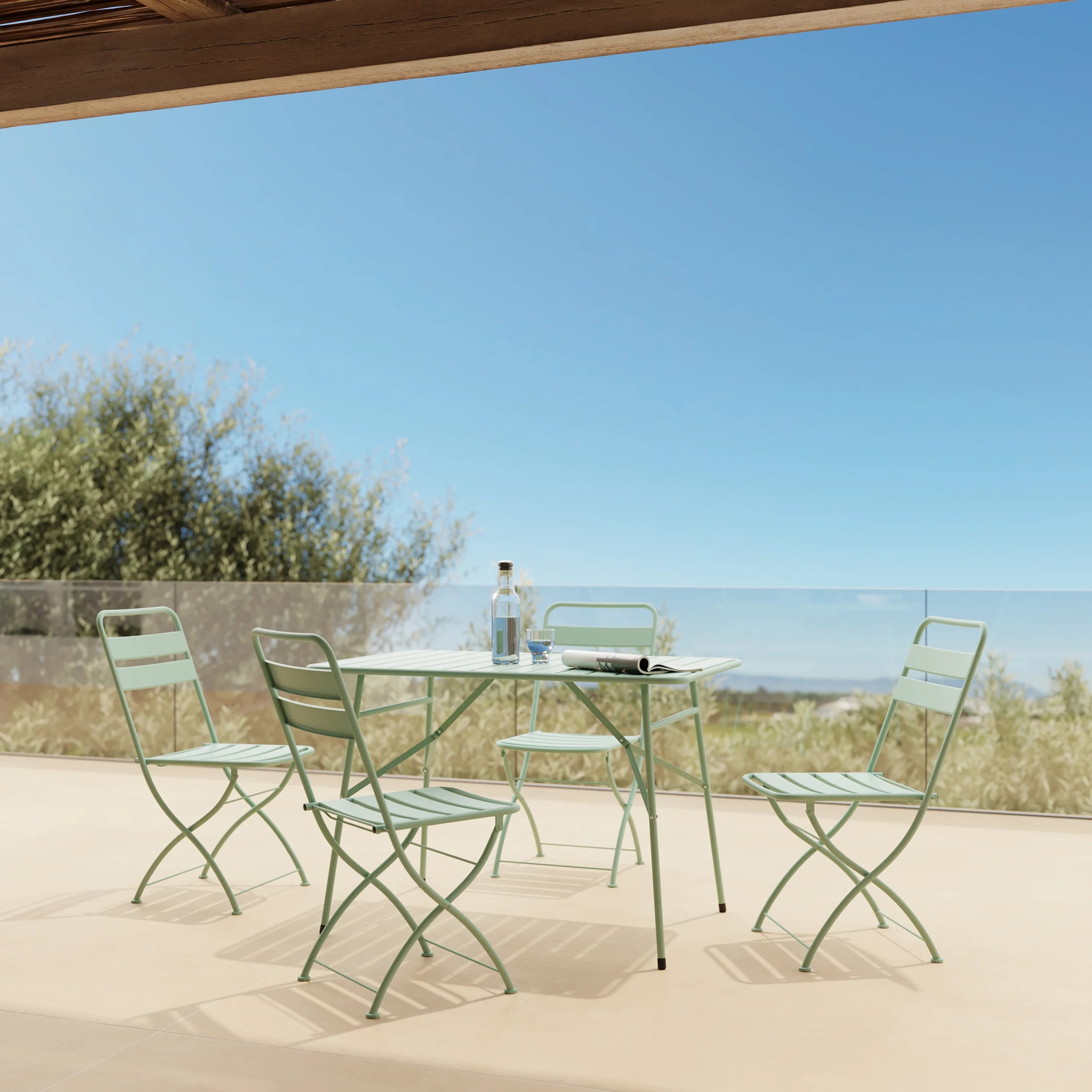 Table et chaises de jardin pliantes 4 personnes en métal vert - Yumi