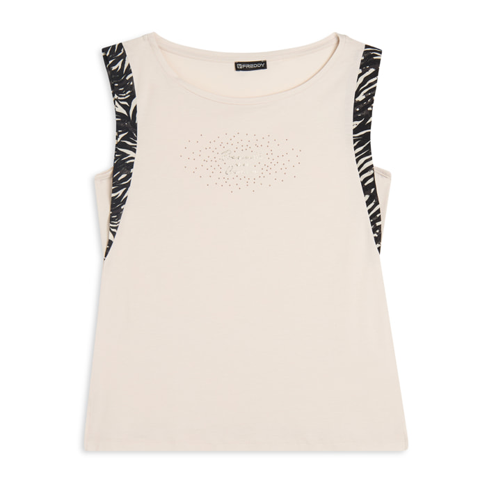 T-shirt senza maniche con dettagli dorati e animalier