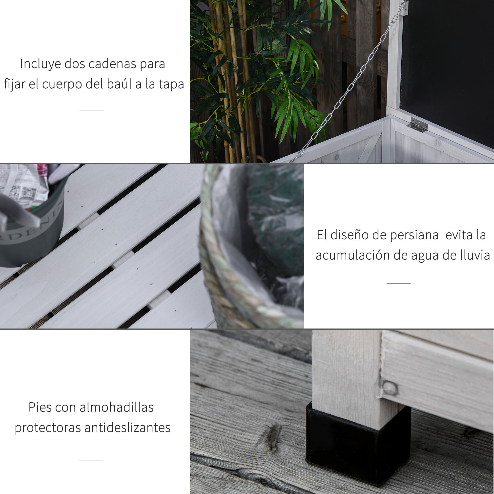 Baúl de Madera Exterior Caja de Almacenamiento de Jardín con Tapa Abrible y Diseño Persiana 127x56x60 cm Blanco