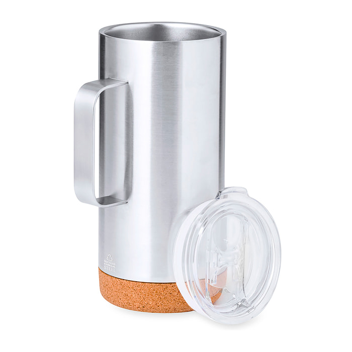 Taza térmica en acero inox reciclado de doble pared y 450 ml de capacidad. Con dosificador abrefácil en tapa y base en corcho. Libre de BPA.