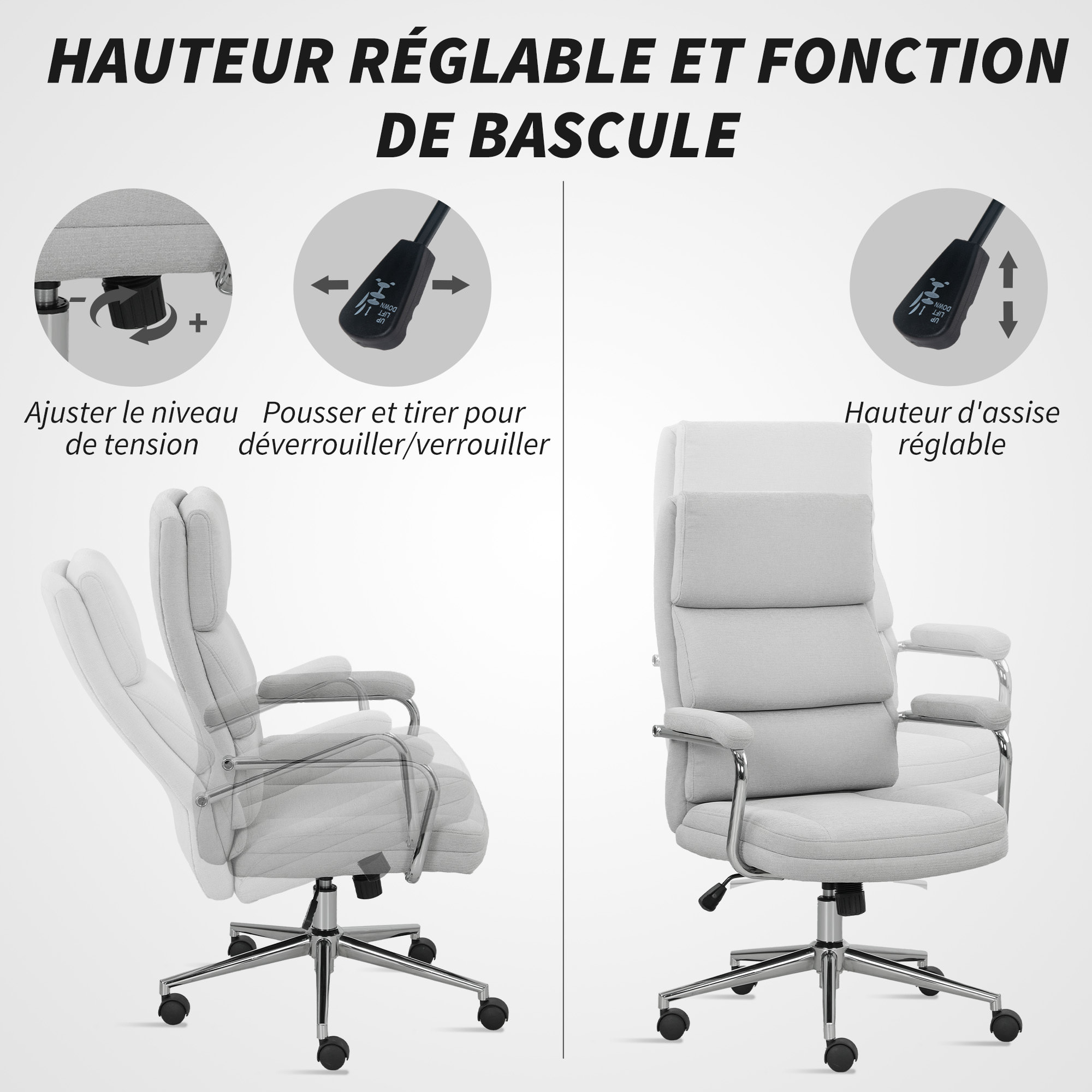 Fauteuil de bureau manager design accoudoirs rembourrés acier chromé tissu toucher lin gris clair