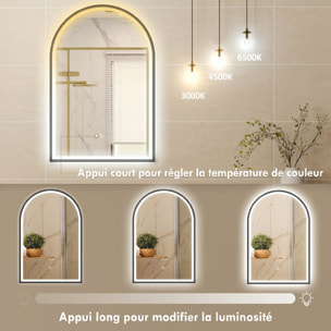 Miroir salle de bain LED design arche 60 x 90 cm anti-buée dimmable tactile réglable verre trempé alu noir