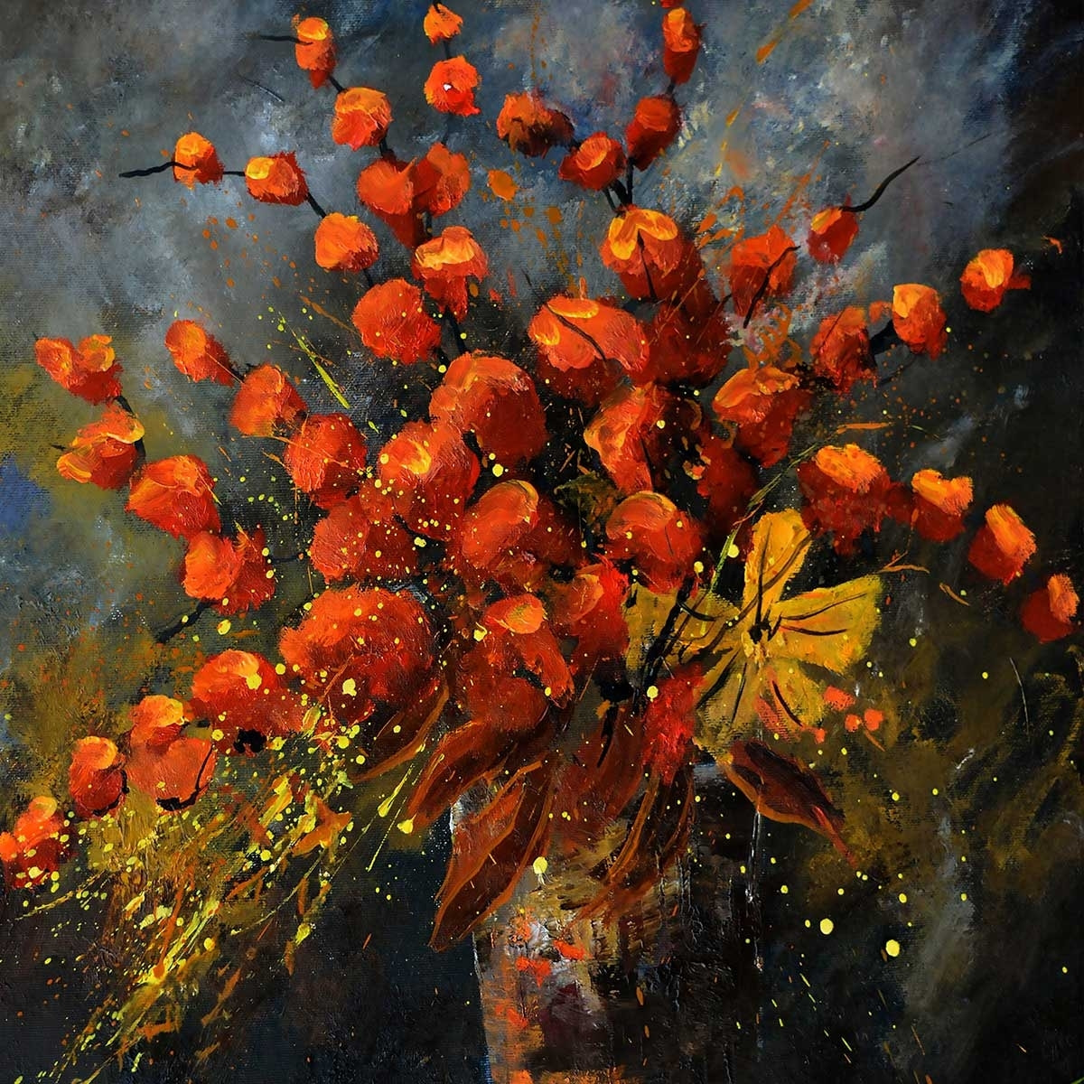 Affiche vase fleurs orange Affiche sous cadre bois