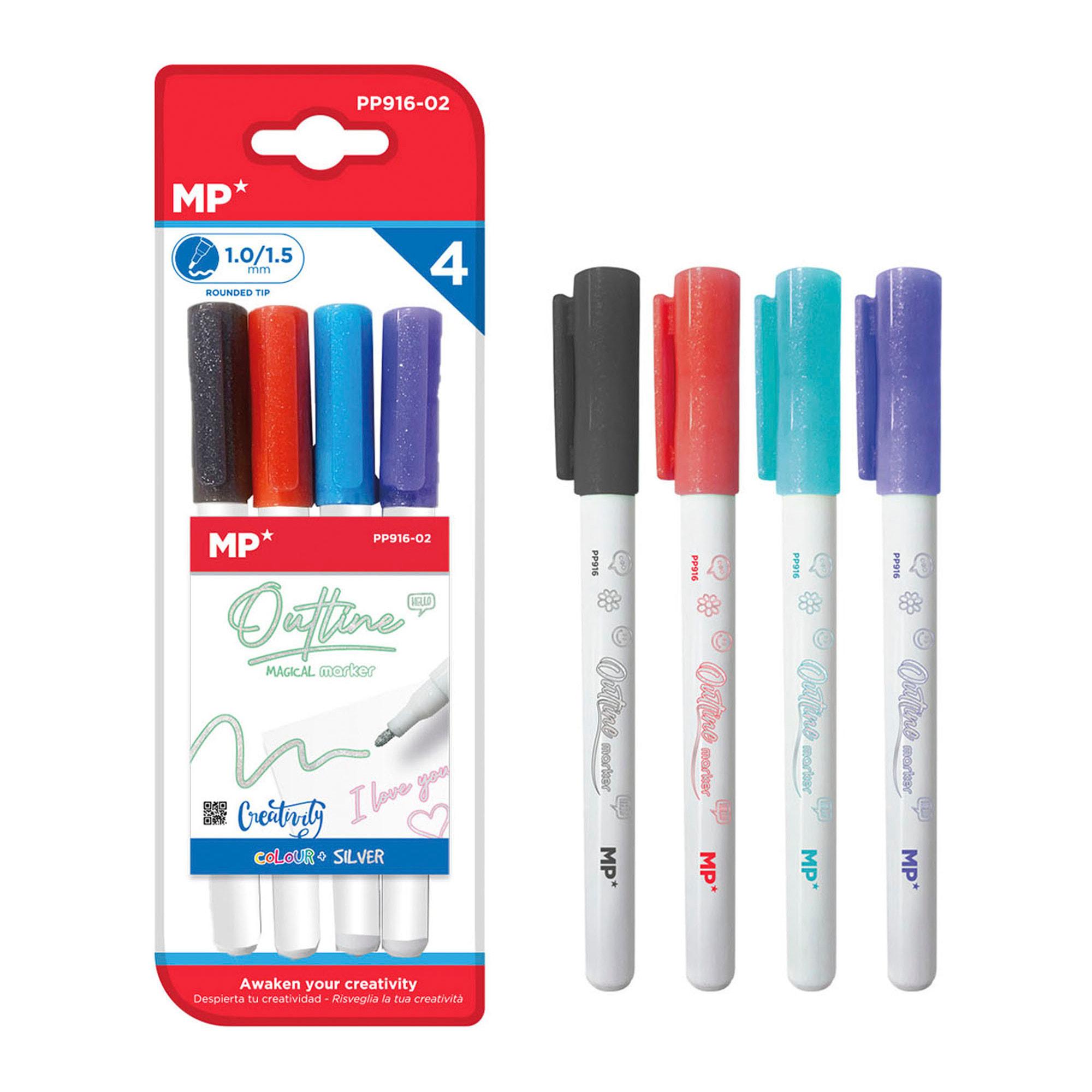 SET 4 PCS PENNARELLO MAGICO OUT LINER DOPPIA LINEA. Nero, blu, rosso e viola.