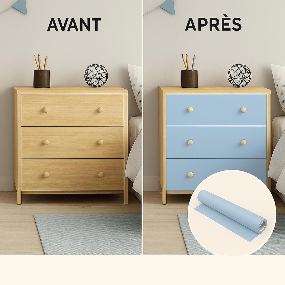 Rouleau adhésif décoratif Vinyle au Mètre - Bleu poudre - Sticker Lavable Imperméable Mur Cuisine Meubles
