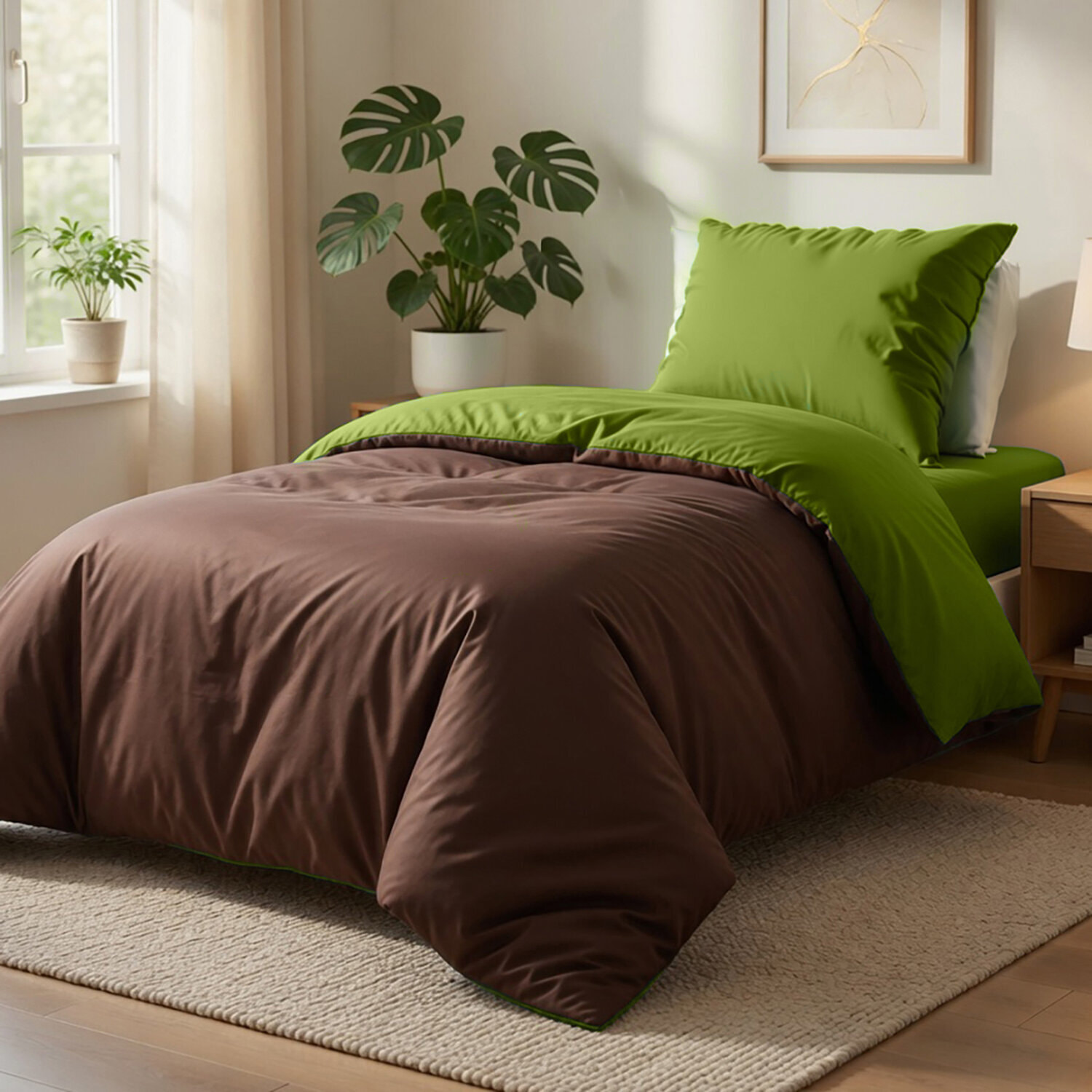 Parure Housse De Couette 135x200cm 100% coton 57fils Choco/vert