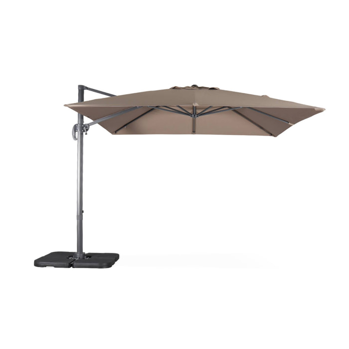 Parasol déporté carré taupe 3x3m structure grise + Lot de 4 dalles à lester 50x50cm