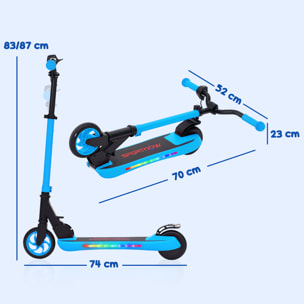 Patinete Eléctrico Plegable MAX 10 KM/H Patín Eléctrico de +6 Años Motor 120 W Autonomía 6 KM Ruedas de 5" - 5,5" Freno Posterior Altura Ajustable Luces LED y Marco de Aluminio Azul