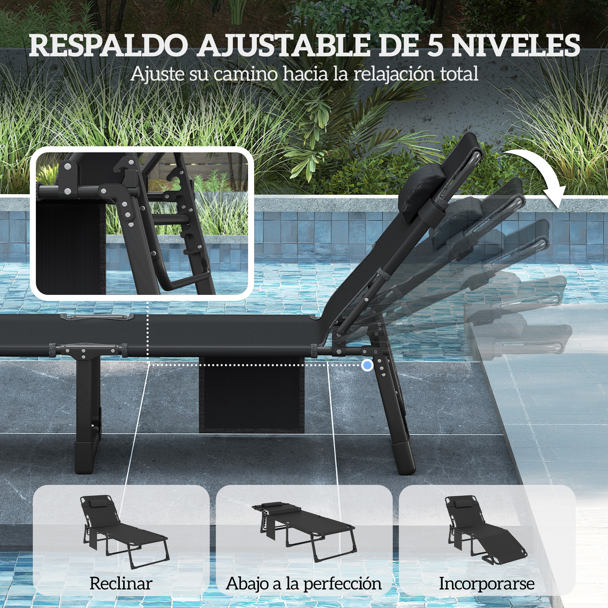 Set de 2 Tumbonas Jardín Exterior, Tumbonas Plegables con Cojines, Respaldo Reclinable 5 Posiciones, Asiento Extra Ancho de Textilene, Bolsillo Lateral y Reposacabezas para Playa, Azul