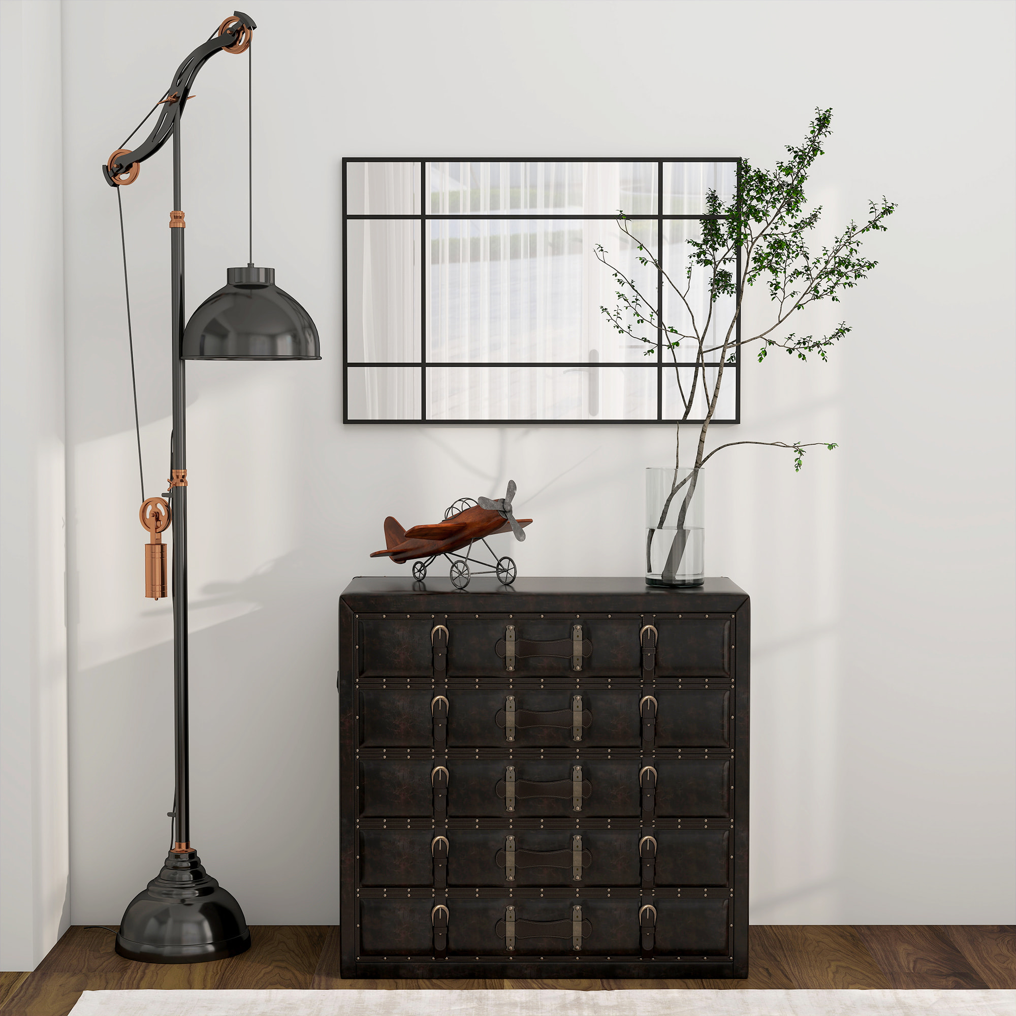 Miroir mural verrière rectangulaire - installation horizontal ou vertical - 4 crochets - 90 x 60 cm - métal noir