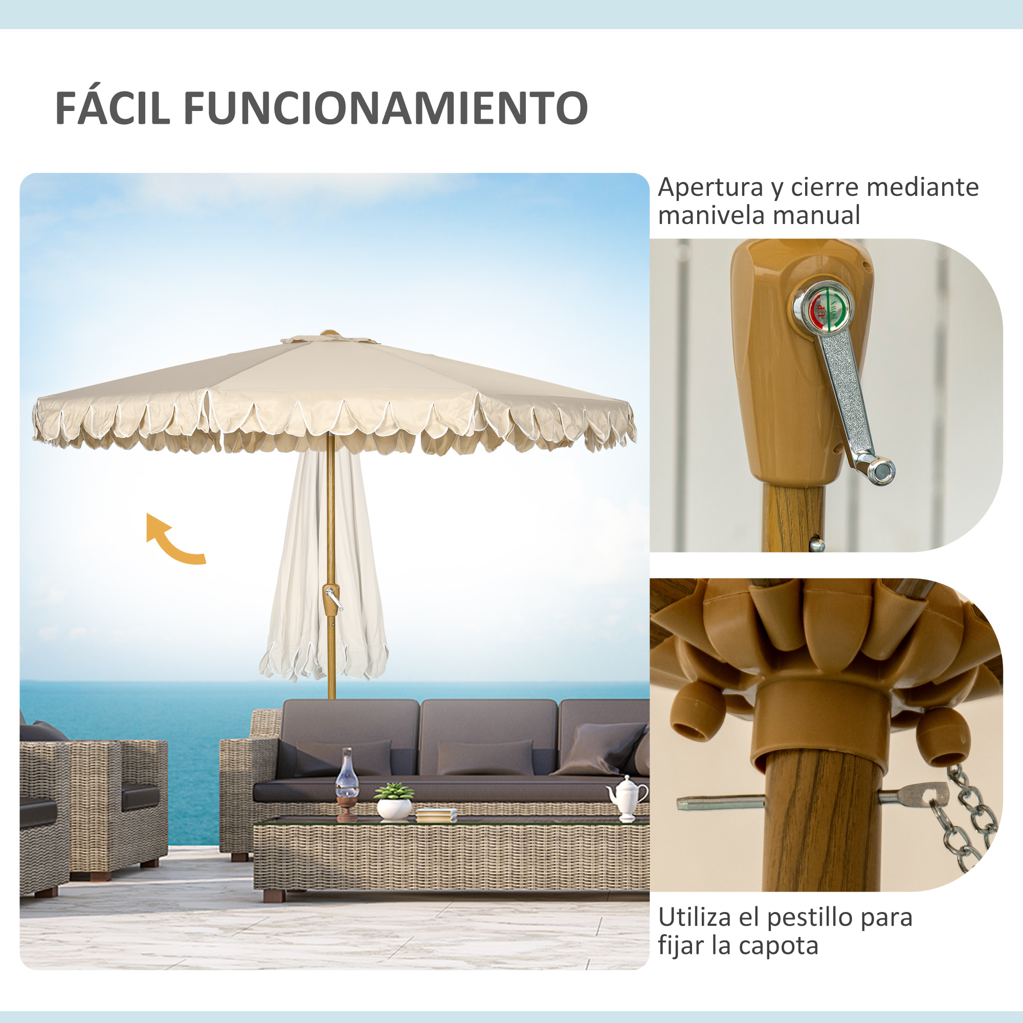 Sombrilla de Terraza Ø264x240 cm Parasol de Jardín con Ángulo Ajustable Manivela y Volantes Impermeable para Playa Patio Balcón Caqui