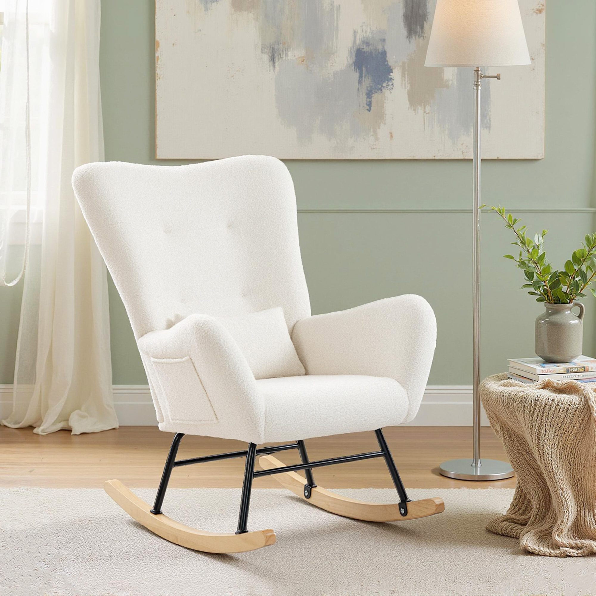 Silla Mecedora Moderna, Mecedora Tapizada en Terciopelo de Teddy, Sillón de Lactancia con Respaldo Acolchado Alto, Almohada, Patas de Madera, Bolsillo Lateral, para Dormitorio, Salón, Crema