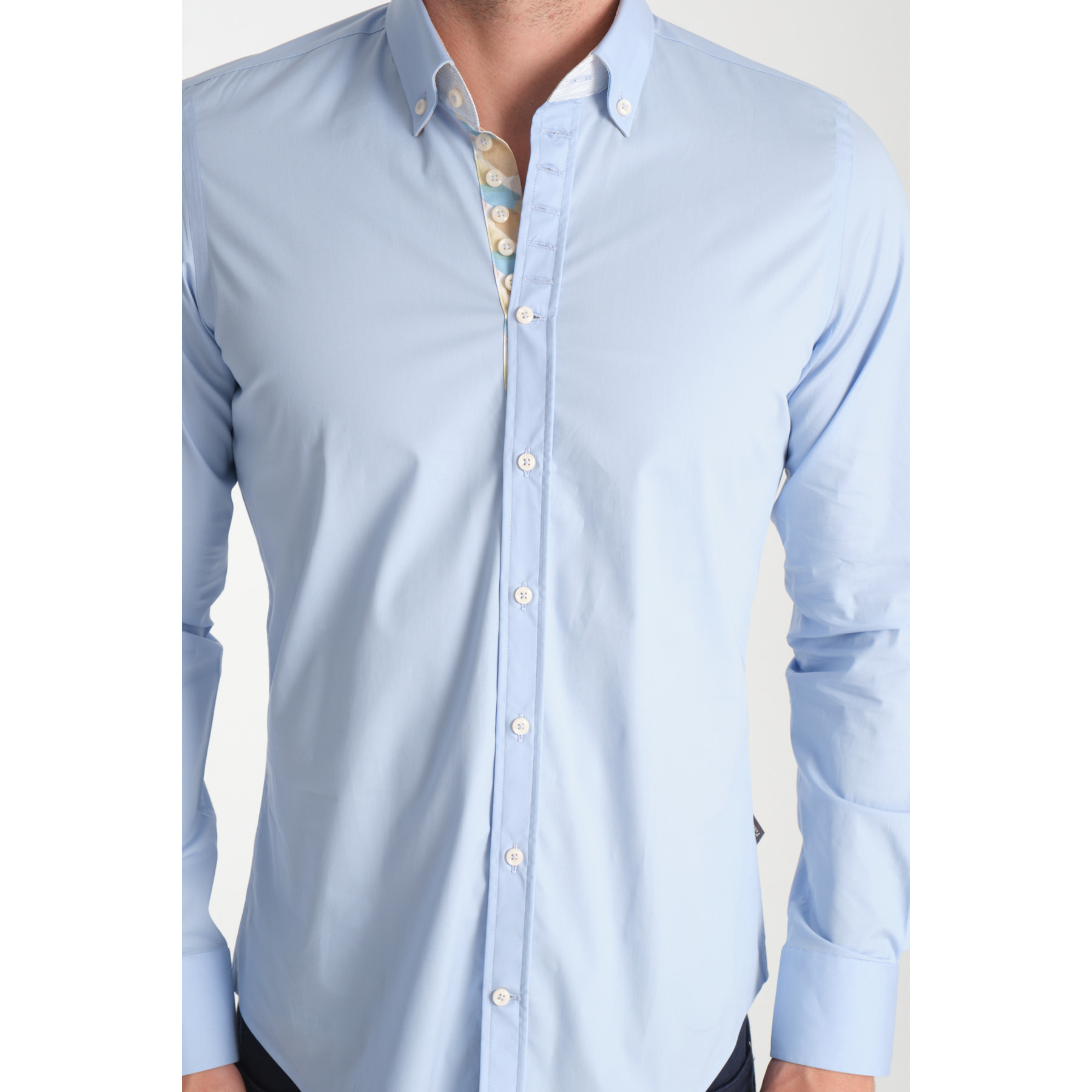 Camicia Uomo 1 Bottoni Button Down Slim Popeline Stretch Unito Celeste