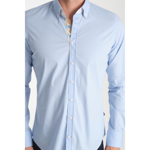 Camicia Uomo 1 Bottoni Button Down Slim Popeline Stretch Unito Celeste
