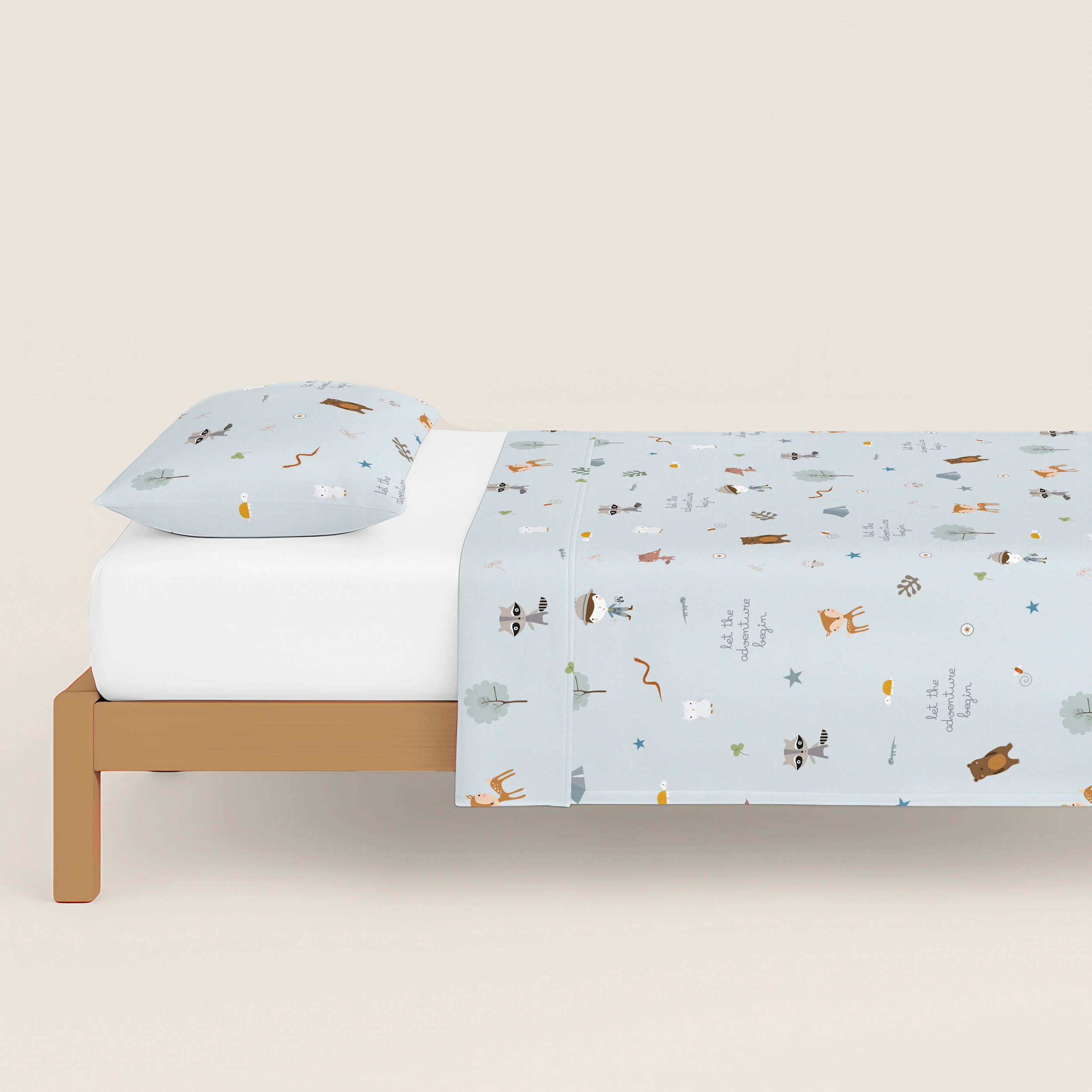 Juego de Sábanas Estampadas - Infantil - Incluye 1 Funda de Almohada - 100% Algodón - Aventura Bosque Reverso