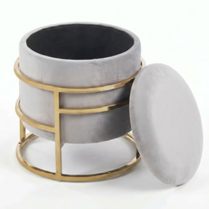 Pouf Contenitore Rotondo in Velluto con Coperchio e Base in Acciaio Dorata, Seduta Imbottita con Vano Contenitore dallo Stile Elegante per Soggiorno, Camera da Letto e Ingresso